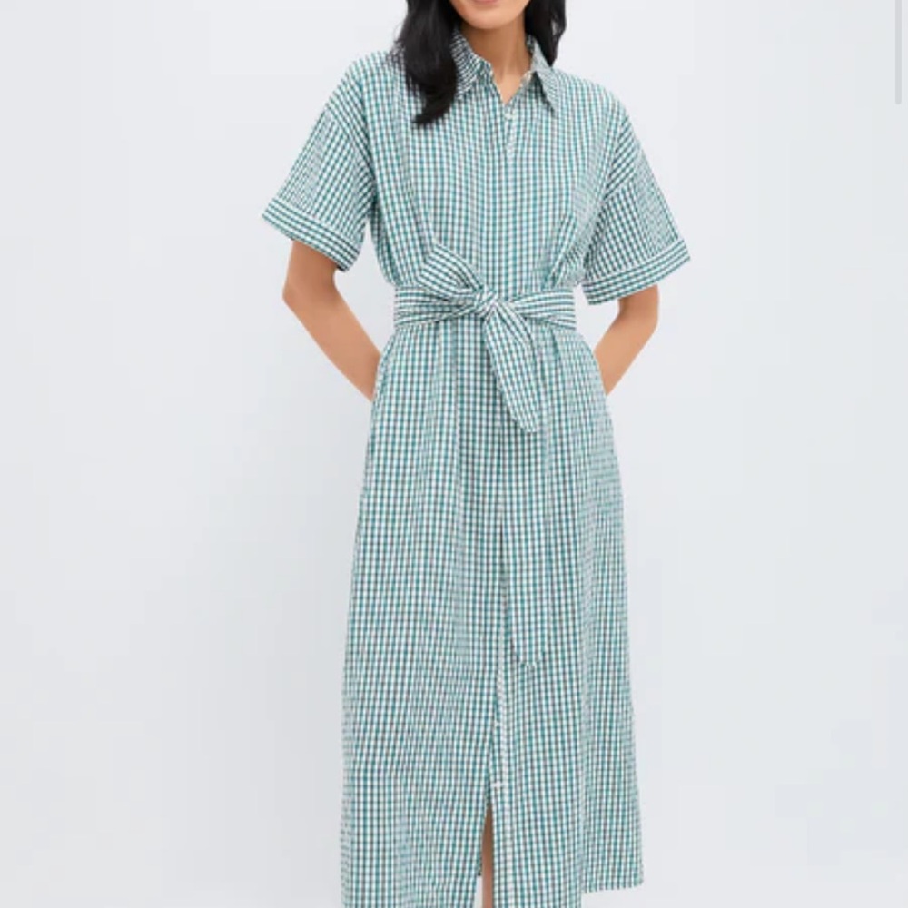 Green gingham seersucker Shirt Dress